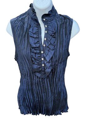 Jaipur metallic navy blue taffeta pleated crinkle sleeveless top - Medium
